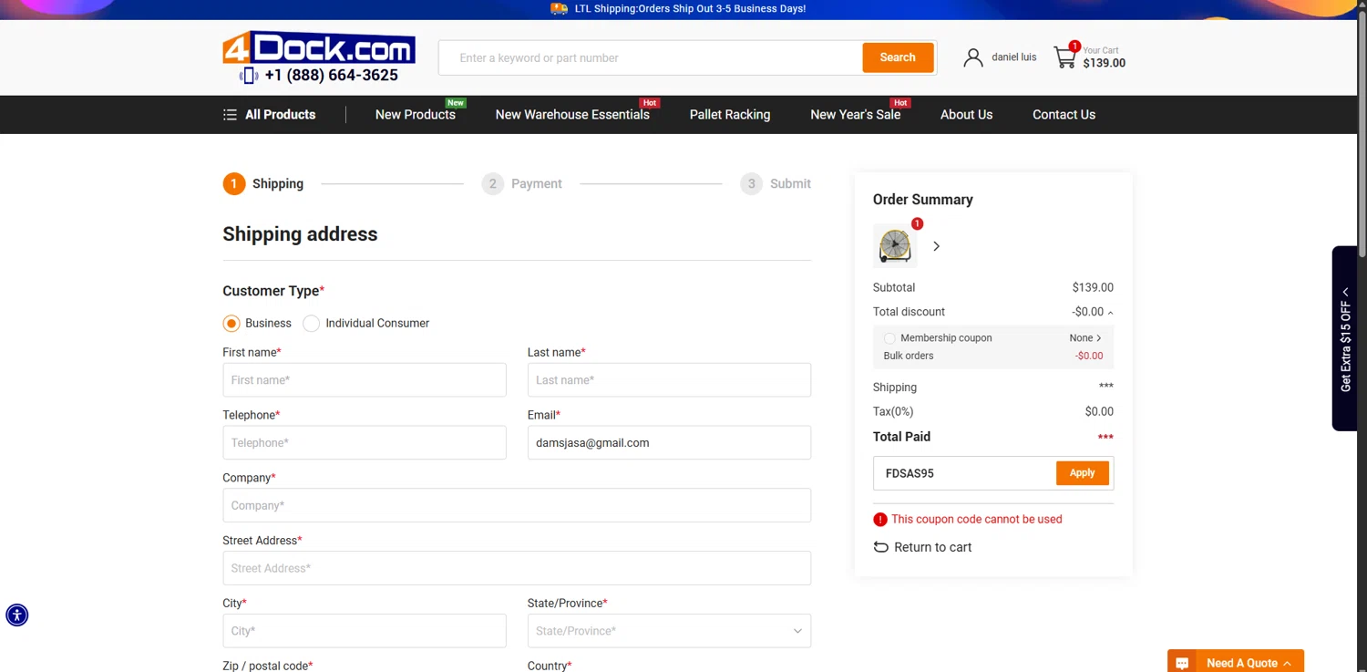 4Dock promo code screenshot showing code FDSAS95 applied at 4Dock checkout page. Uploaded by SimplyCodes community member FrugalTitan8640 on Jan 9, 2026