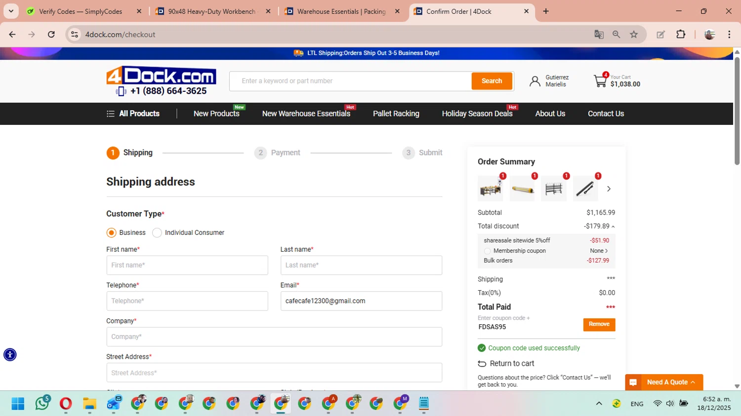 4Dock promo code screenshot showing code FDSAS95 applied at 4Dock checkout page. Uploaded by SimplyCodes community member MariAPB on Dec 18, 2025