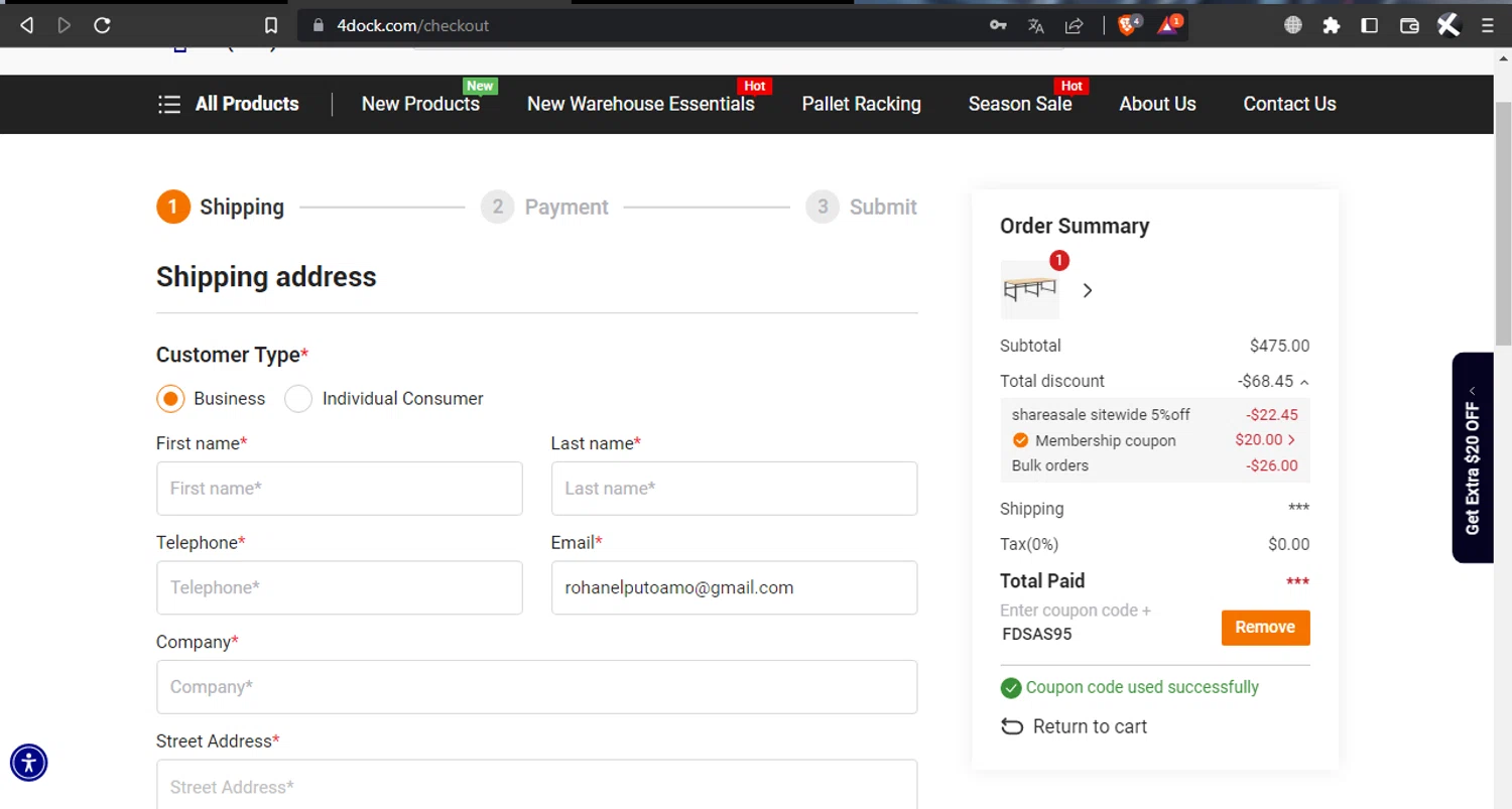 4Dock checkout page showing 4Dock promo code box | Screenshot taken by SimplyCodes community member on Oct 21, 2025