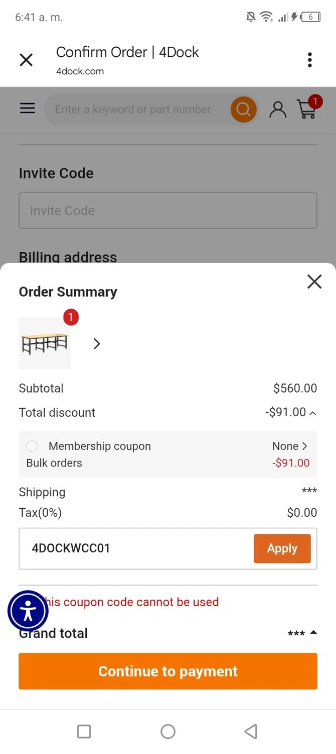 4Dock promo code screenshot showing code 4DOCKWCC01 applied at 4Dock checkout page. Uploaded by SimplyCodes community member tumiedo on Nov 26, 2025