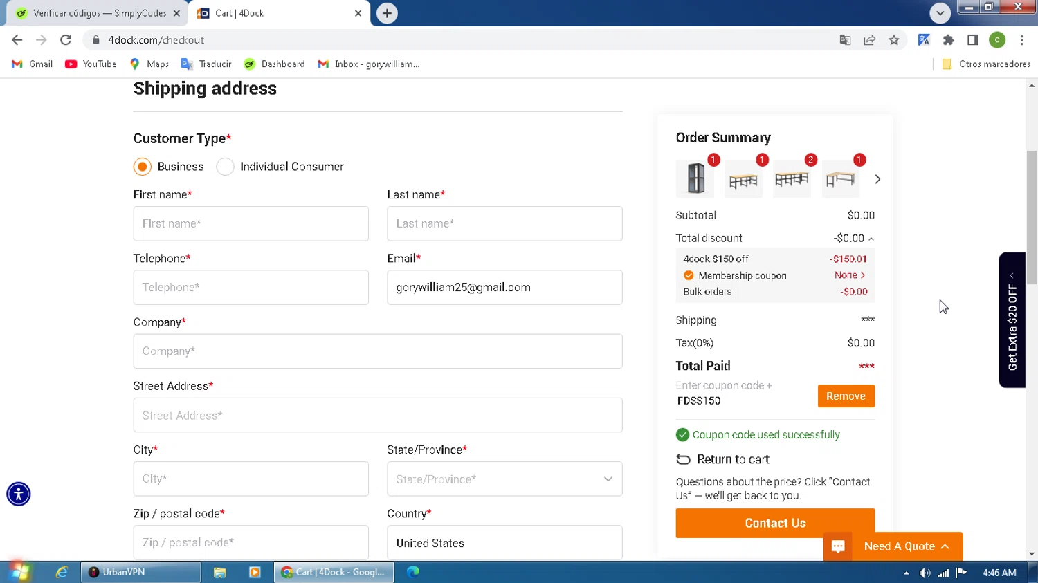 4Dock promo code screenshot showing code FDSS150 applied at 4Dock checkout page. Uploaded by SimplyCodes community member MagnificentPilot8371 on Nov 3, 2025