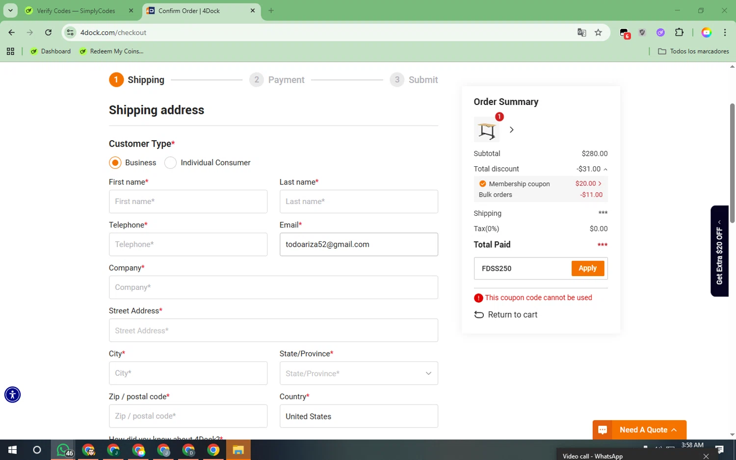 4Dock promo code screenshot showing code FDSS250 applied at 4Dock checkout page. Uploaded by SimplyCodes community member EpicTiger3556 on Nov 3, 2025