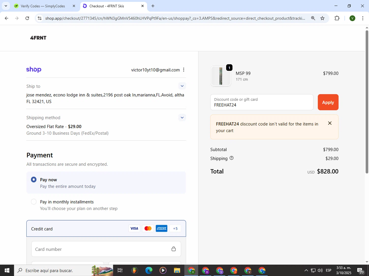 4FRNT discount code screenshot showing code FREEHAT24 applied at 4FRNT checkout page. Uploaded by SimplyCodes community member PrimeWizard4168 on Oct 3, 2025