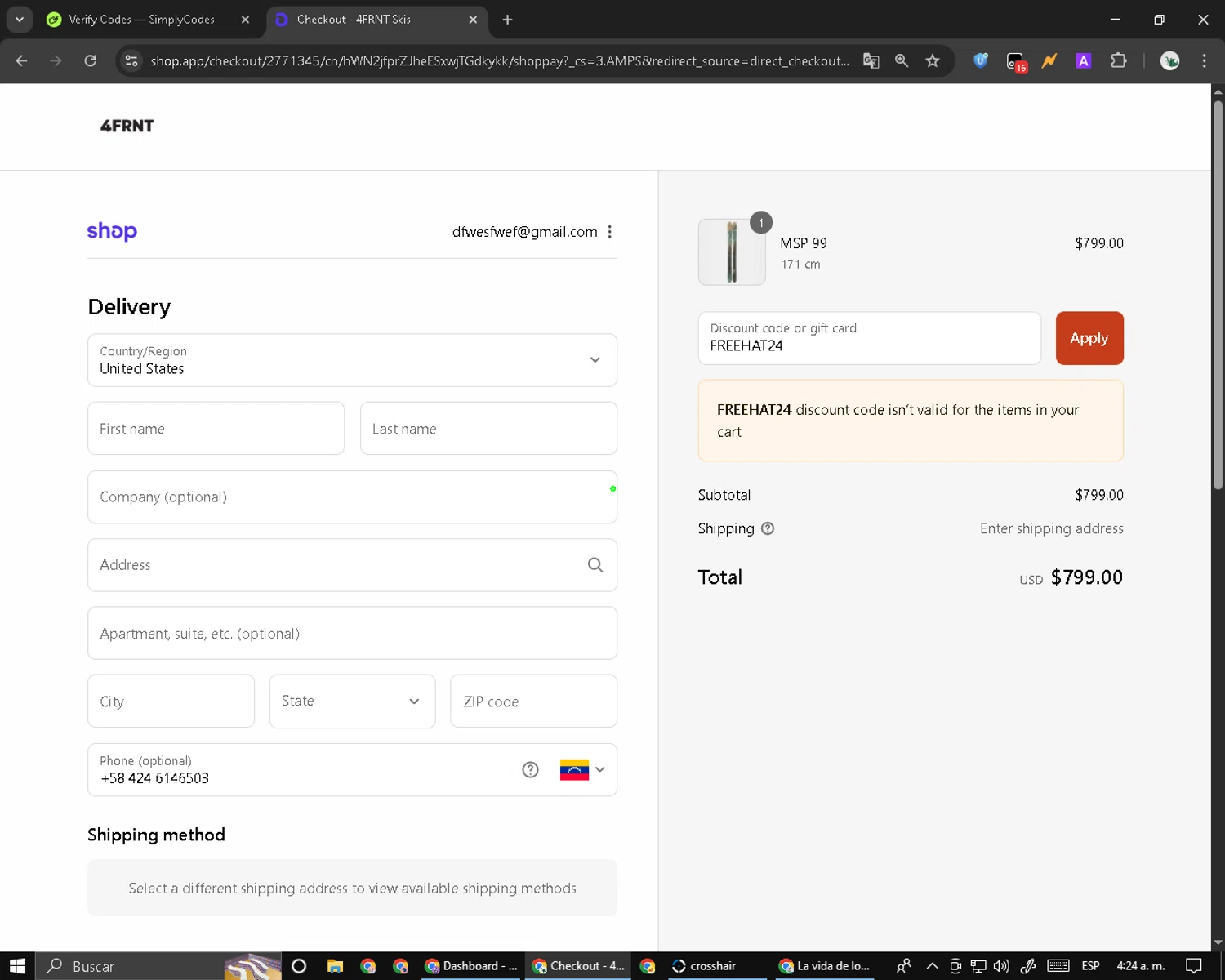 4FRNT discount code screenshot showing code FREEHAT24 applied at 4FRNT checkout page. Uploaded by SimplyCodes community member RebateCaptain6440 on Sep 8, 2025