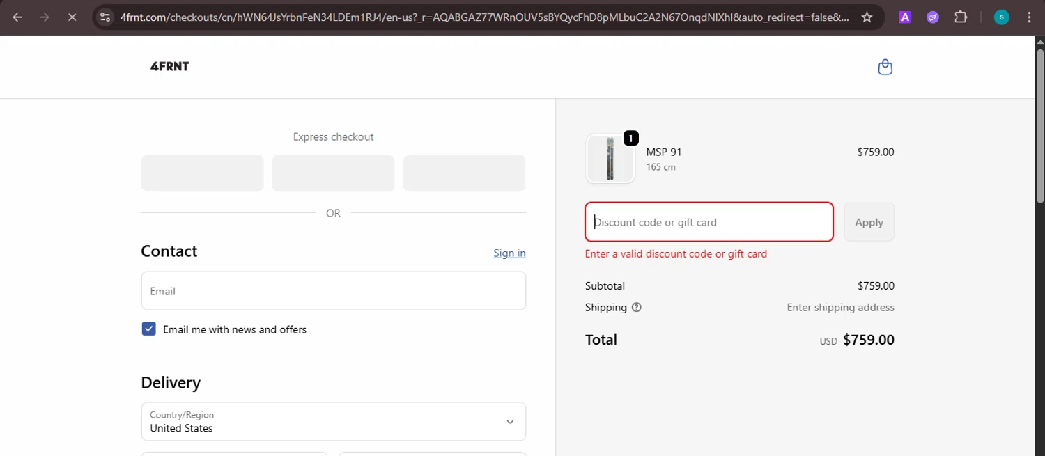 4FRNT discount code screenshot showing code 4BF-BINDING applied at 4FRNT checkout page. Uploaded by SimplyCodes community member ValiantChaser7723 on Dec 5, 2025
