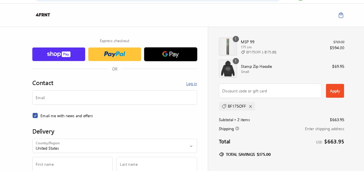 4FRNT discount code screenshot showing code BF175OFF applied at 4FRNT checkout page. Uploaded by SimplyCodes community member shark12 on Nov 26, 2024