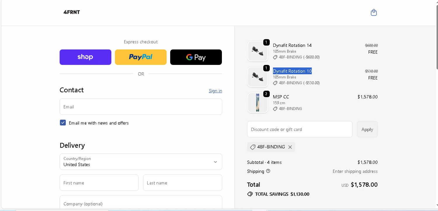 4FRNT discount code screenshot showing code 4BF-BINDING applied at 4FRNT checkout page. Uploaded by SimplyCodes community member shark12 on Nov 28, 2025