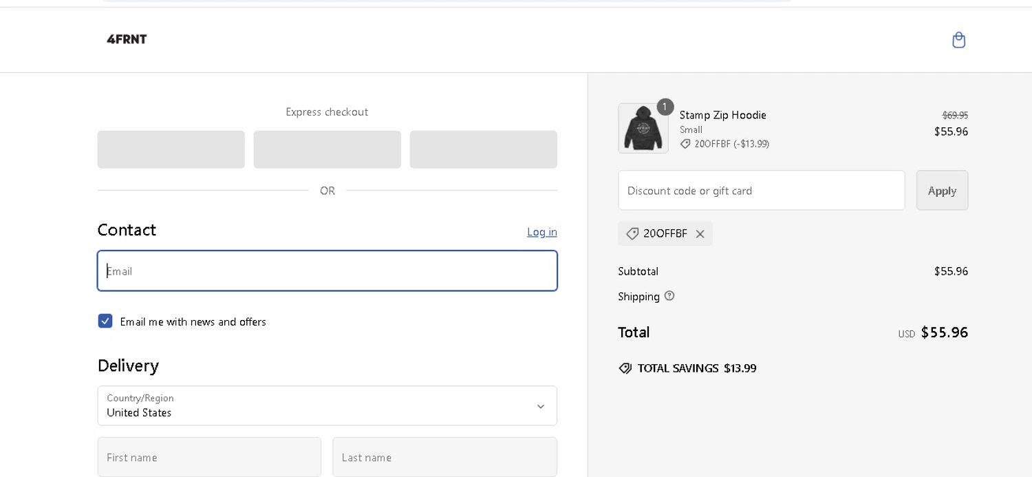4FRNT discount code screenshot showing code 20offbf applied at 4FRNT checkout page. Uploaded by SimplyCodes community member shark12 on Nov 26, 2024