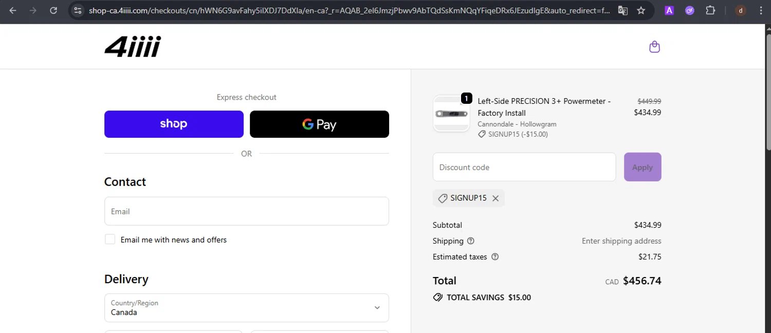 4iiii discount code screenshot showing code SIGNUP15 applied at 4iiii checkout page. Uploaded by SimplyCodes community member VoucherSpotter9376 on Dec 10, 2025