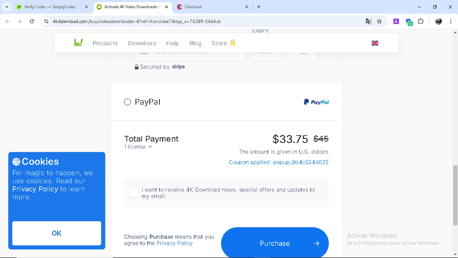 4K Download coupon code screenshot showing code popup_9b4c534d625 applied at 4K Download checkout page. Uploaded by SimplyCodes community member Epa_yava on Dec 29, 2024