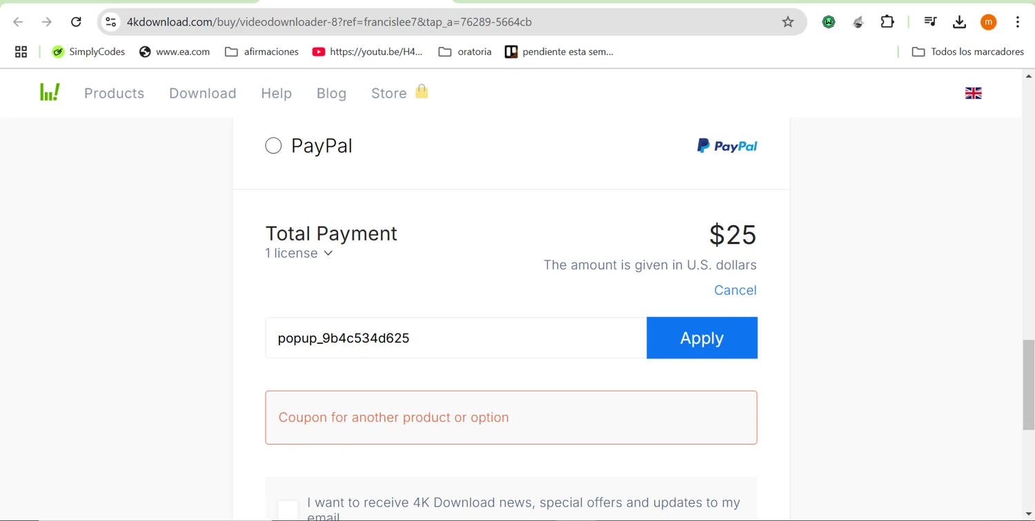 4K Download coupon code screenshot showing code popup_9b4c534d625 applied at 4K Download checkout page. Uploaded by SimplyCodes community member ROIS28 on Dec 29, 2024