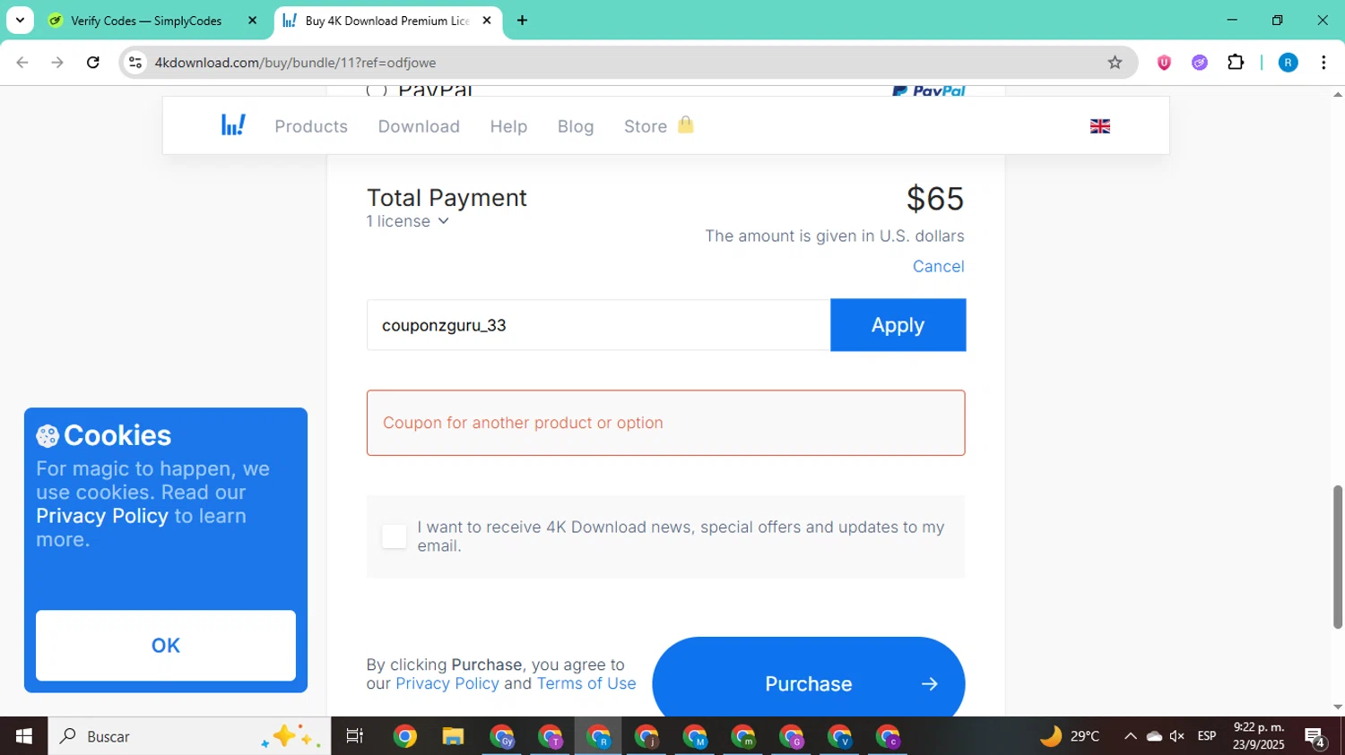 4K Download coupon code screenshot showing code couponzguru_33 applied at 4K Download checkout page. Uploaded by SimplyCodes community member CodeShopper8605 on Sep 24, 2025