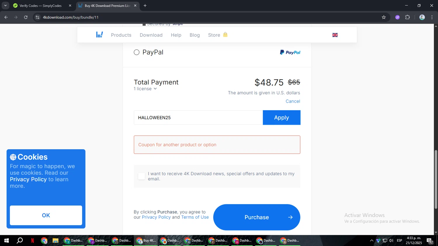 4K Download checkout page showing 4K Download coupon code box | Screenshot taken by SimplyCodes community member on Dec 21, 2025