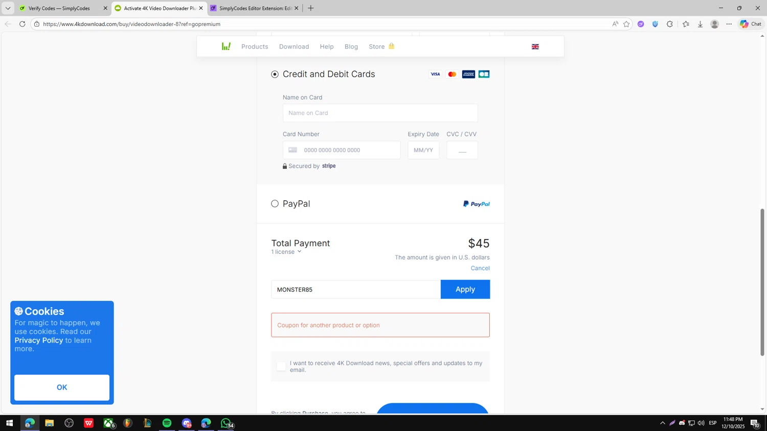 4K Download coupon code screenshot showing code MONSTER85 applied at 4K Download checkout page. Uploaded by SimplyCodes community member fjkdjkldsf on Dec 11, 2025