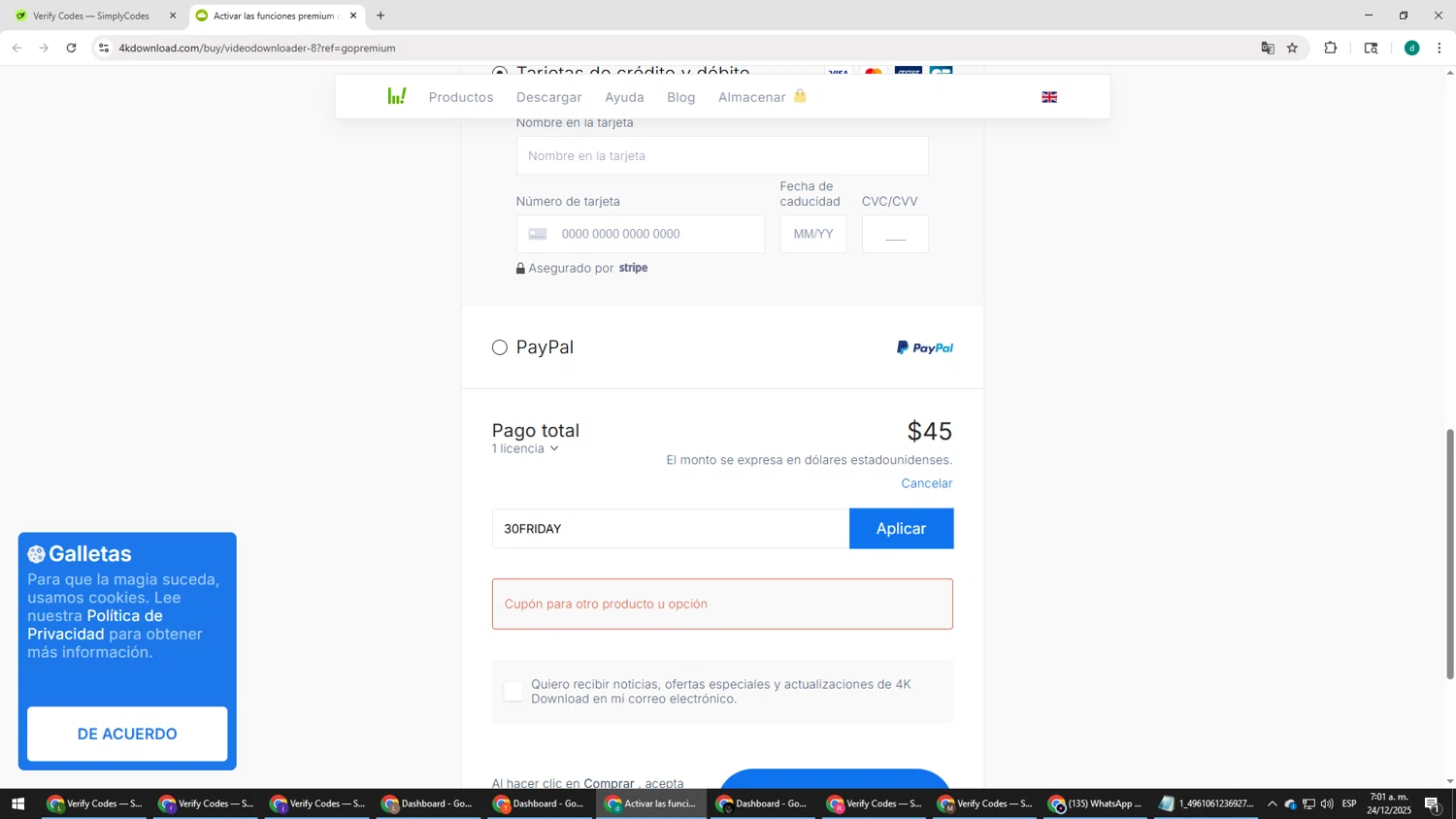 4K Download coupon code screenshot showing code 30FRIDAY applied at 4K Download checkout page. Uploaded by SimplyCodes community member HEROESCUDA on Dec 24, 2025