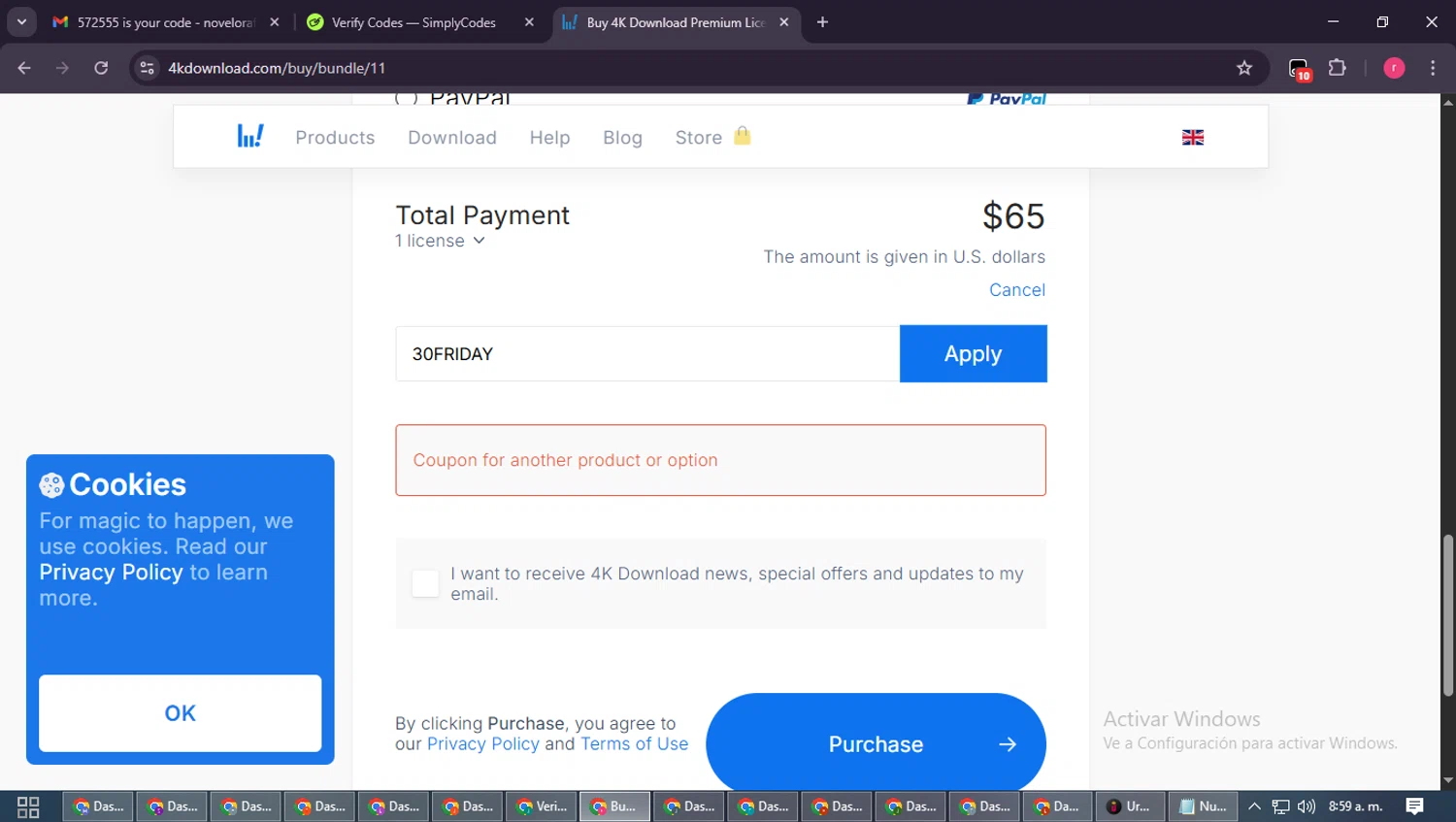 4K Download checkout page showing 4K Download coupon code box | Screenshot taken by SimplyCodes community member on Jan 22, 2026