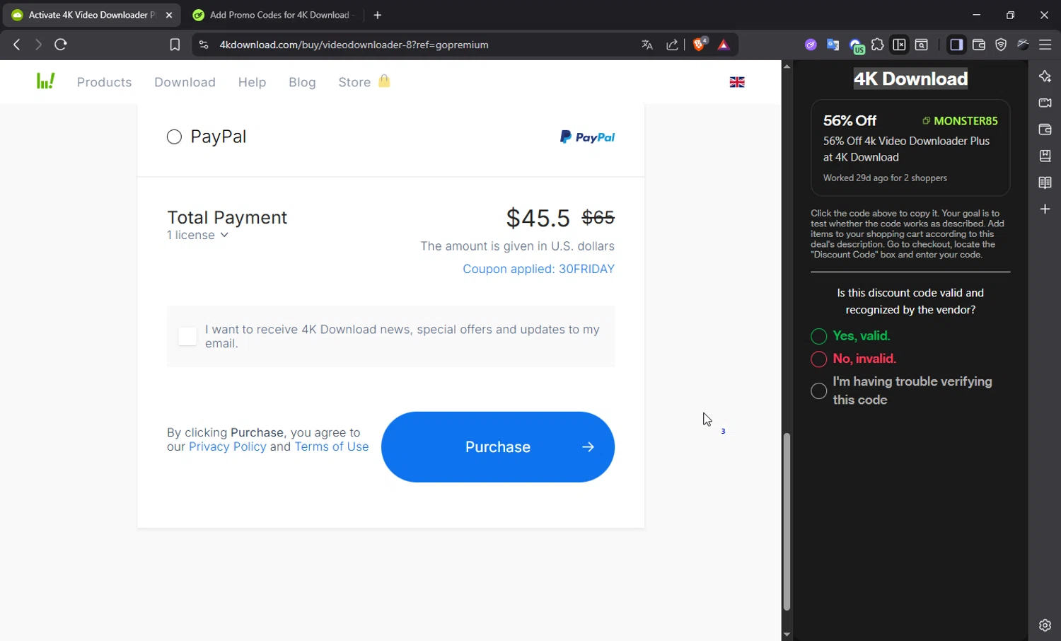 4K Download coupon code screenshot showing code 30FRIDAY applied at 4K Download checkout page. Uploaded by SimplyCodes community member DrossRotzank on Nov 25, 2025