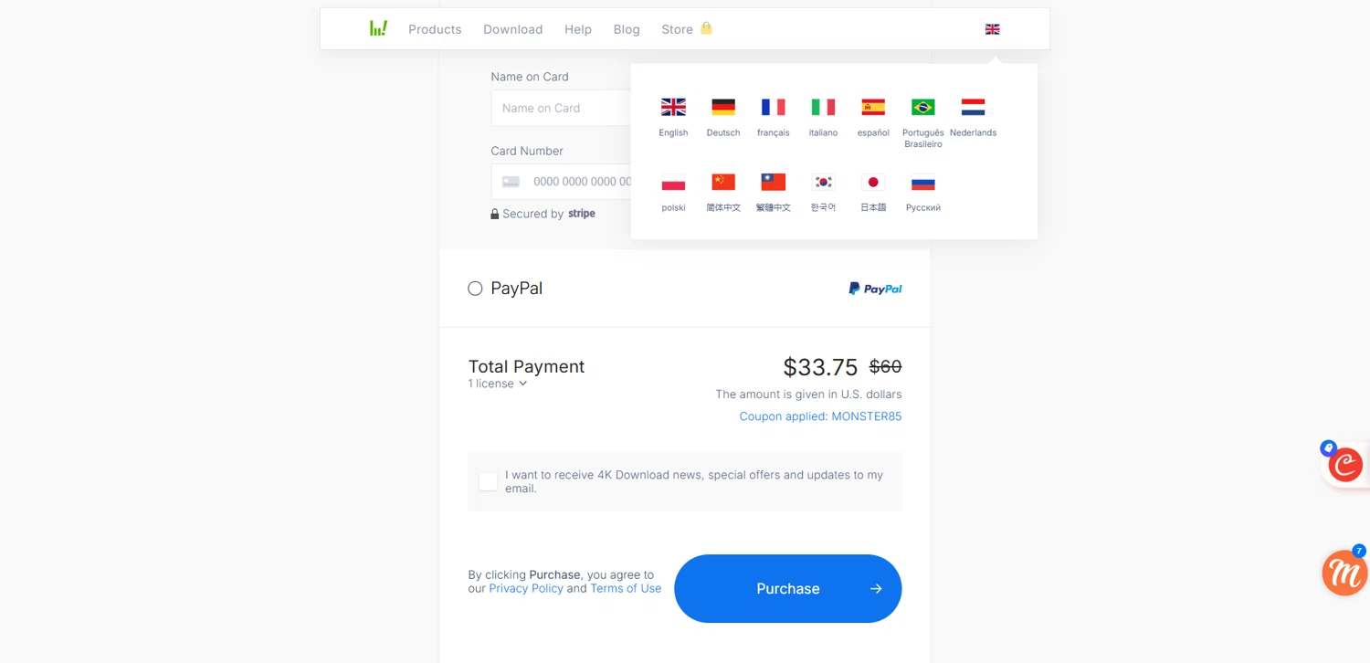 4K Download coupon code screenshot showing code MONSTER85 applied at 4K Download checkout page. Uploaded by SimplyCodes community member pabloprieto on Oct 27, 2025