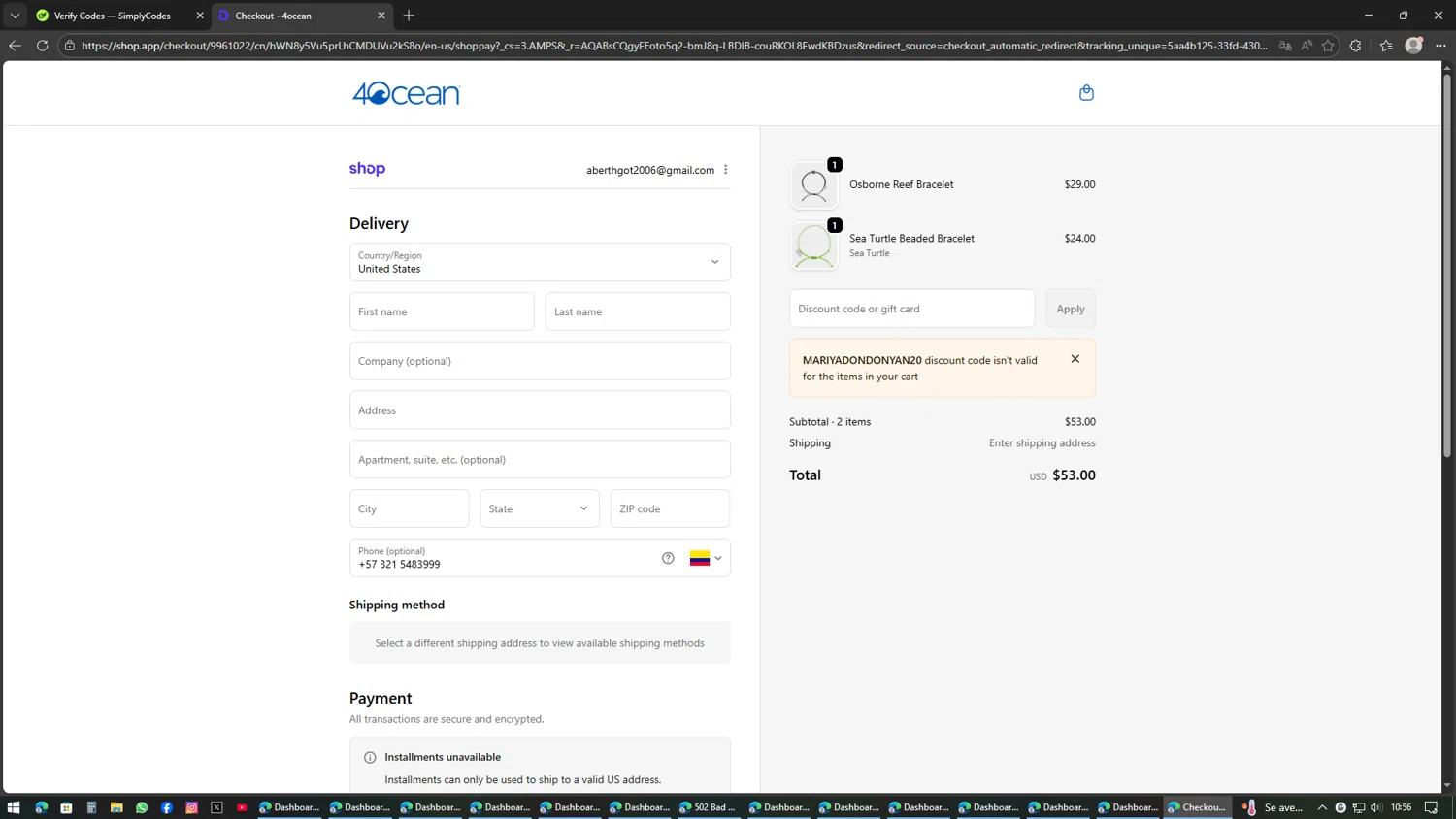 4ocean promo code screenshot showing code MARIYADONDONYAN20 applied at 4ocean checkout page. Uploaded by SimplyCodes community member AVATIGRITO on Feb 19, 2026