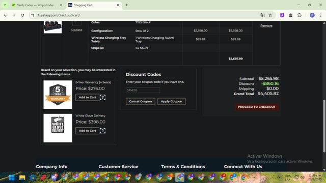 4Seating checkout page showing 4Seating coupon code box | Screenshot taken by SimplyCodes community member on Jun 29, 2025