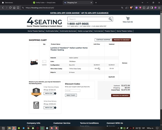 4Seating checkout page showing 4Seating coupon code box | Screenshot taken by SimplyCodes community member on Jun 12, 2025