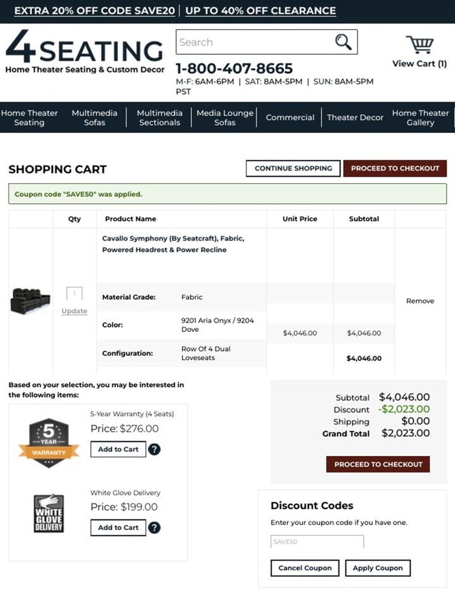 4Seating checkout page showing 4Seating coupon code box | Screenshot taken by SimplyCodes community member on Jun 12, 2025