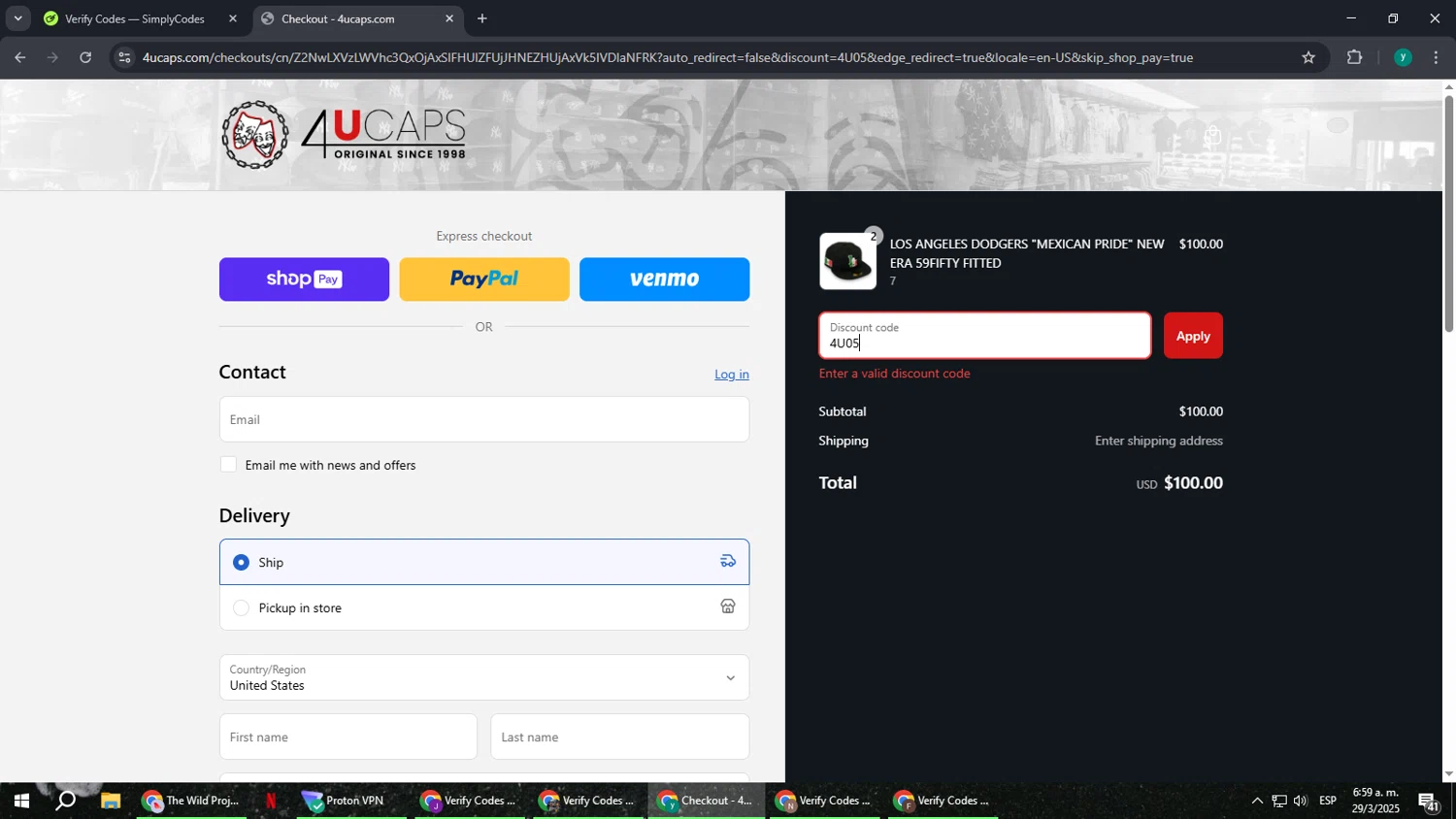 4U Caps promo code screenshot showing code 4U05 applied at 4U Caps checkout page. Uploaded by SimplyCodes community member FrugalCaptain6906 on Mar 29, 2025