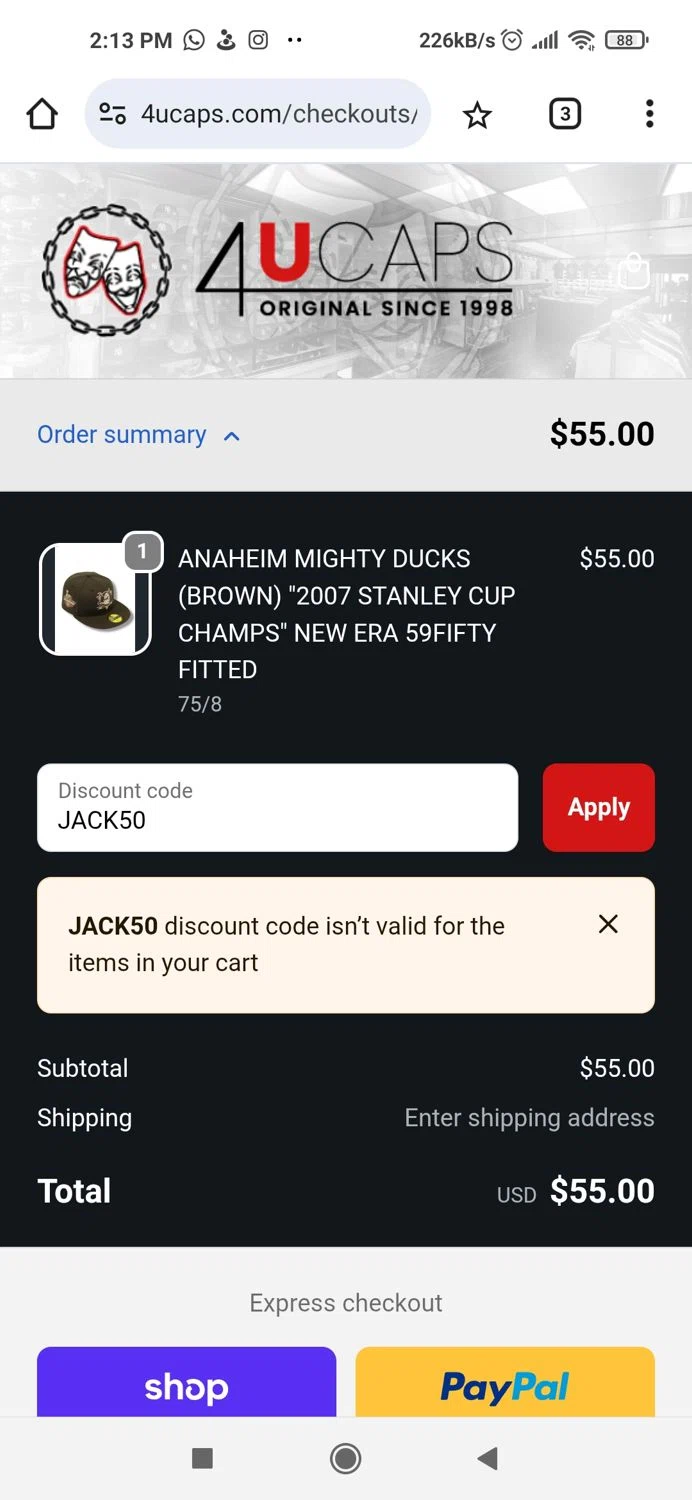 4U Caps promo code screenshot showing code JACK50 applied at 4U Caps checkout page. Uploaded by SimplyCodes community member Piolin on Nov 5, 2025