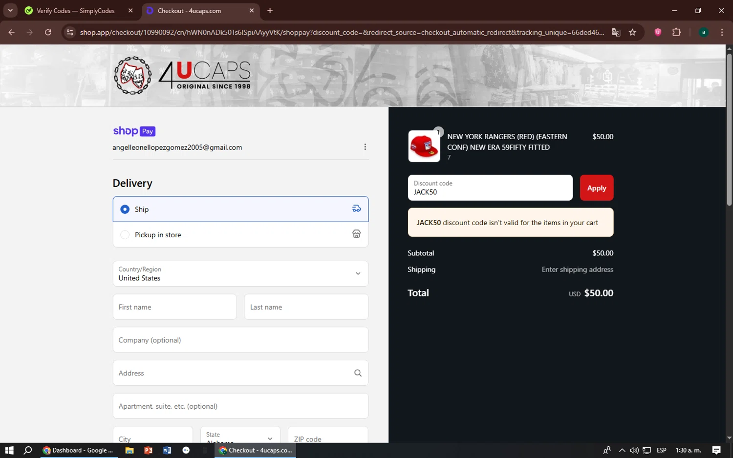 4U Caps promo code screenshot showing code JACK50 applied at 4U Caps checkout page. Uploaded by SimplyCodes community member zizu55 on Jul 19, 2025