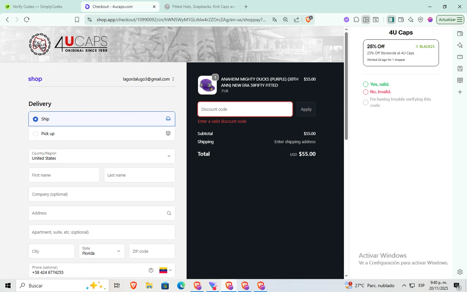 4U Caps promo code screenshot showing code BLACK25 applied at 4U Caps checkout page. Uploaded by SimplyCodes community member Puta_madre10 on Nov 21, 2025
