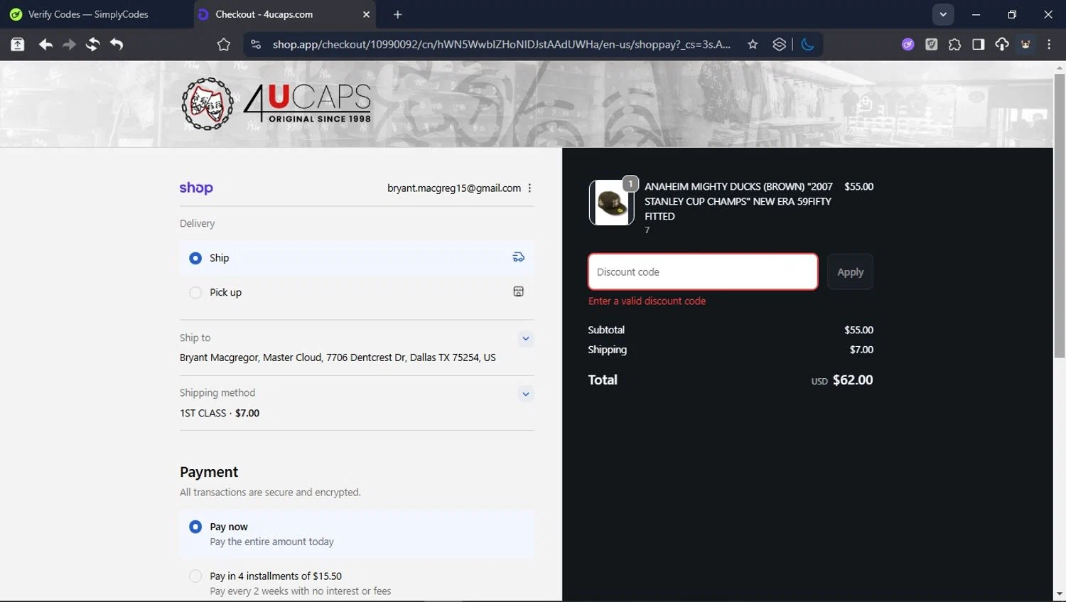 4U Caps promo code screenshot showing code BLACK25 applied at 4U Caps checkout page. Uploaded by SimplyCodes community member USER_RANDON on Nov 21, 2025