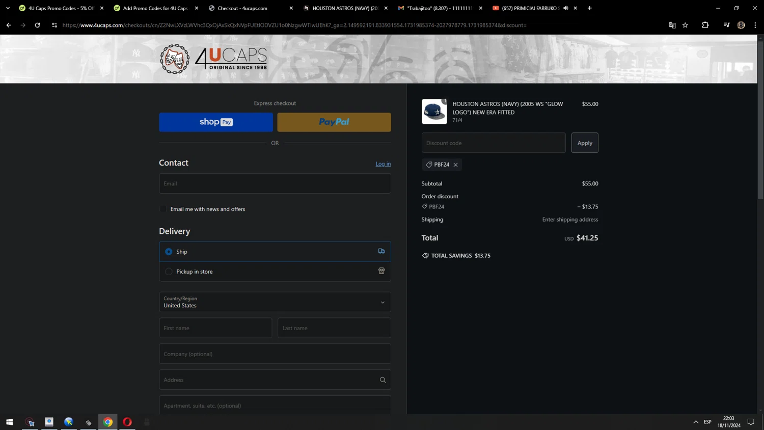 4U Caps promo code screenshot showing code PBF24 applied at 4U Caps checkout page. Uploaded by SimplyCodes community member MarcosAranguren on Nov 19, 2024