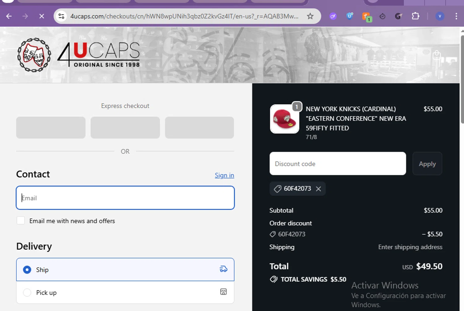 4U Caps promo code screenshot showing code 60F42073 applied at 4U Caps checkout page. Uploaded by SimplyCodes community member beatrizcastillo on Feb 19, 2026