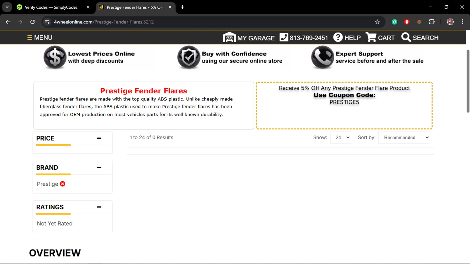 4 Wheel Online promo code screenshot showing code PRESTIGE5 applied at 4 Wheel Online checkout page. Uploaded by SimplyCodes community member Juliet on Feb 27, 2026