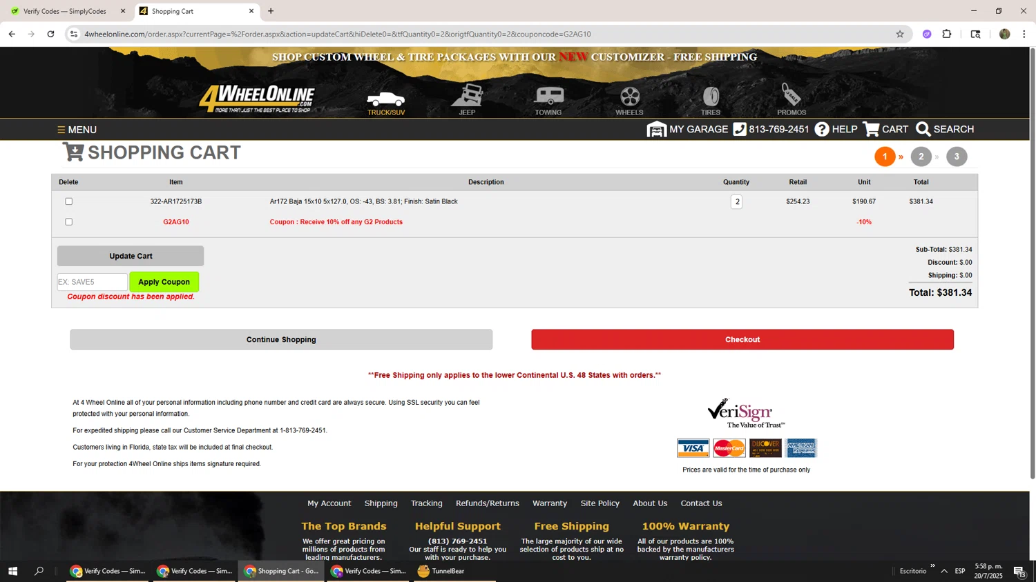 4 Wheel Online coupon code screenshot showing code G2AG10 applied at 4 Wheel Online checkout page. Uploaded by SimplyCodes community member Phoenix585 on Jul 20, 2025