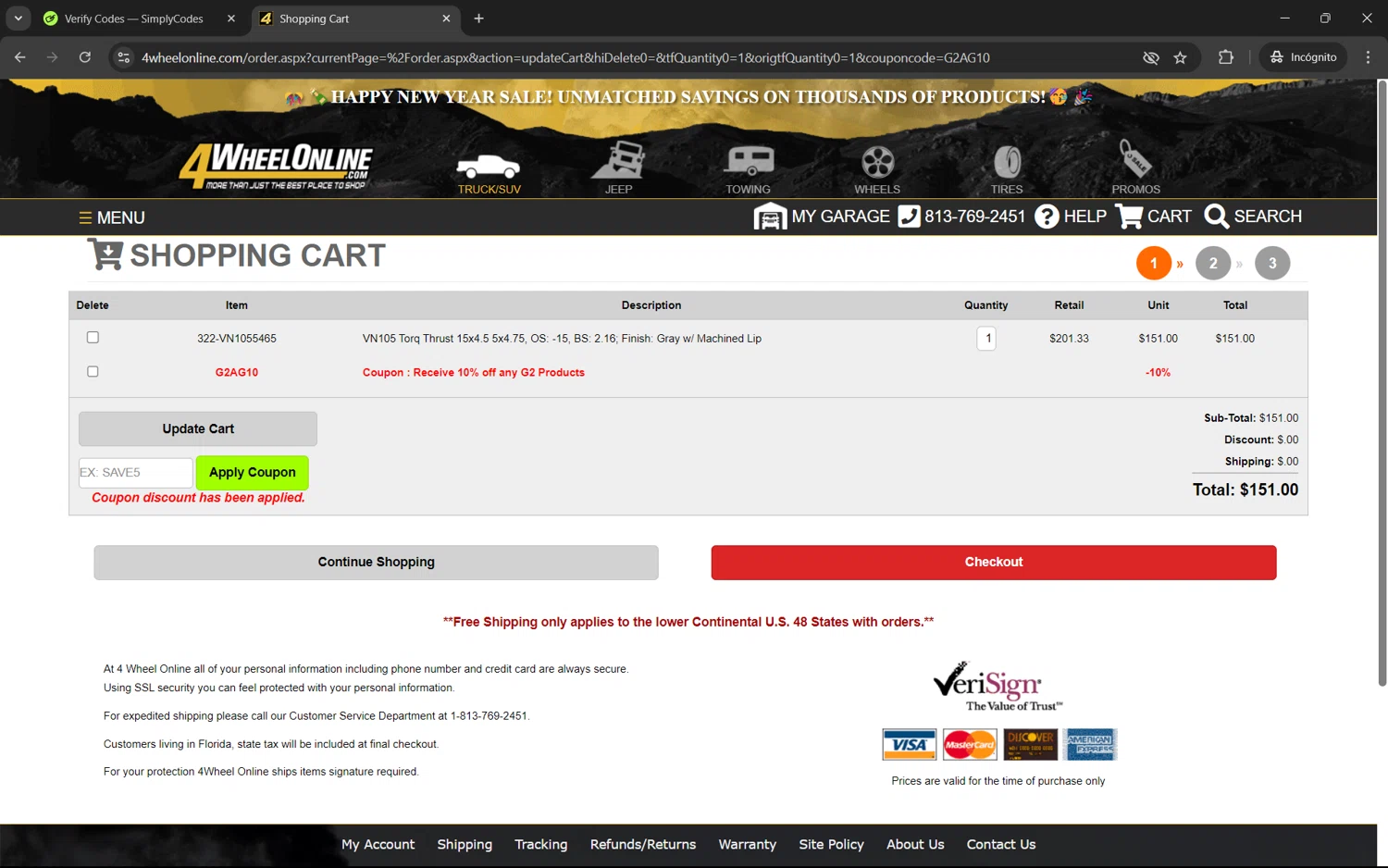 4 Wheel Online coupon code screenshot showing code G2AG10 applied at 4 Wheel Online checkout page. Uploaded by SimplyCodes community member juan1702 on Jan 1, 2025