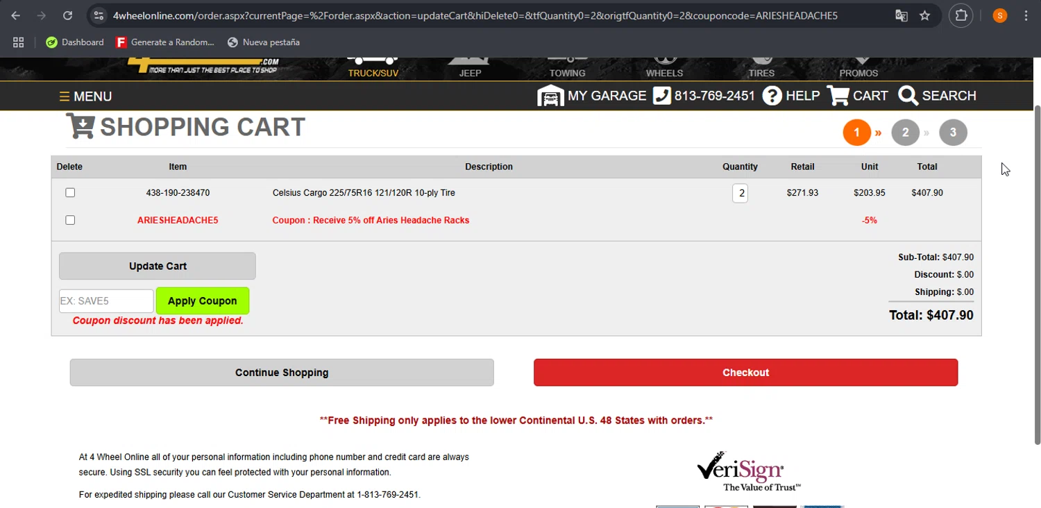 4 Wheel Online checkout page showing 4 Wheel Online coupon code box | Screenshot taken by SimplyCodes community member on Aug 10, 2025