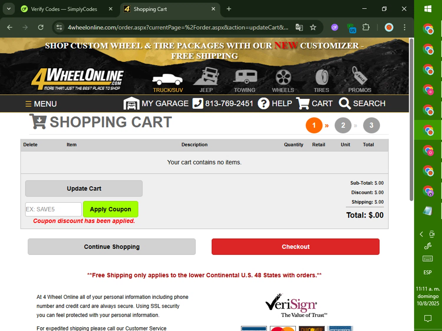4 Wheel Online coupon code screenshot showing code RANCHO5 applied at 4 Wheel Online checkout page. Uploaded by SimplyCodes community member DealTiger9869 on Aug 10, 2025