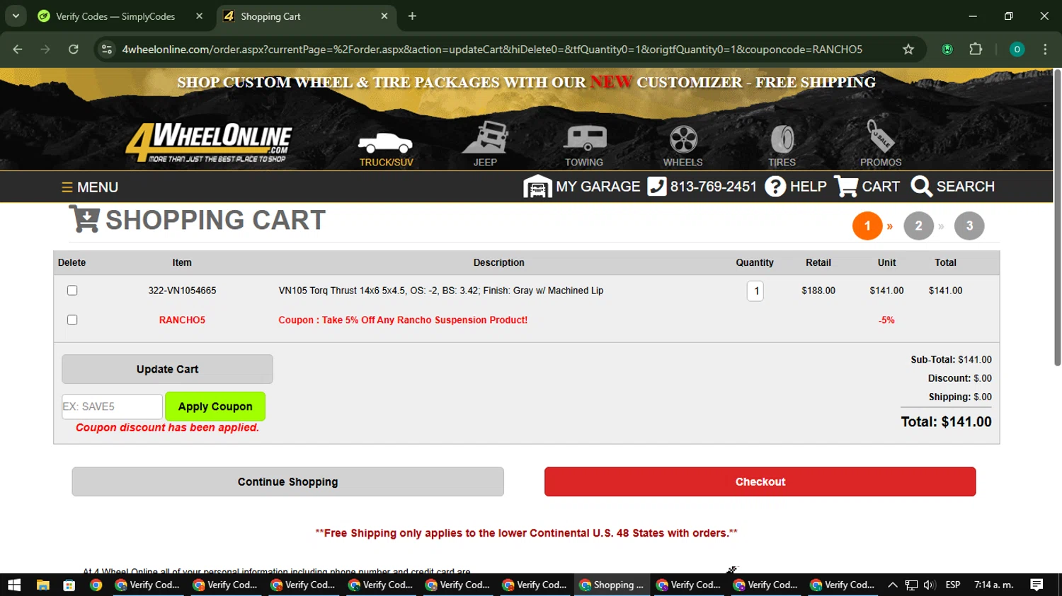 4 Wheel Online coupon code screenshot showing code RANCHO5 applied at 4 Wheel Online checkout page. Uploaded by SimplyCodes community member LuckyDefender9428 on Jan 22, 2025