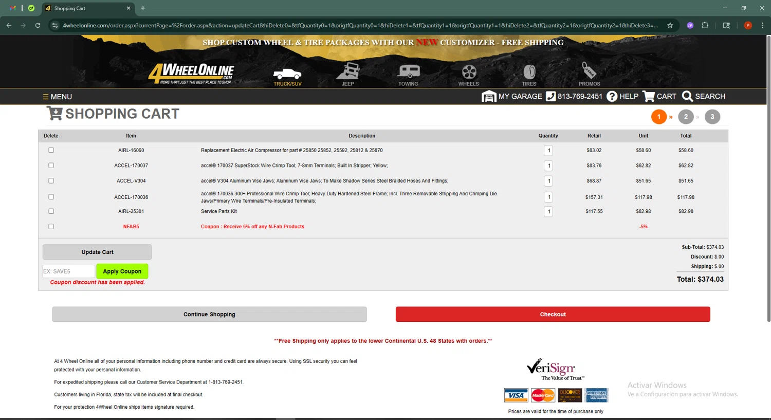 4 Wheel Online checkout page showing 4 Wheel Online coupon code box | Screenshot taken by SimplyCodes community member on Jul 31, 2025