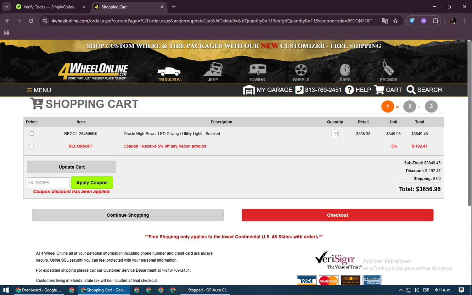 4 Wheel Online coupon code screenshot showing code RECON5OFF applied at 4 Wheel Online checkout page. Uploaded by SimplyCodes community member ExtraordinaryVirtuoso6801 on Jun 21, 2025