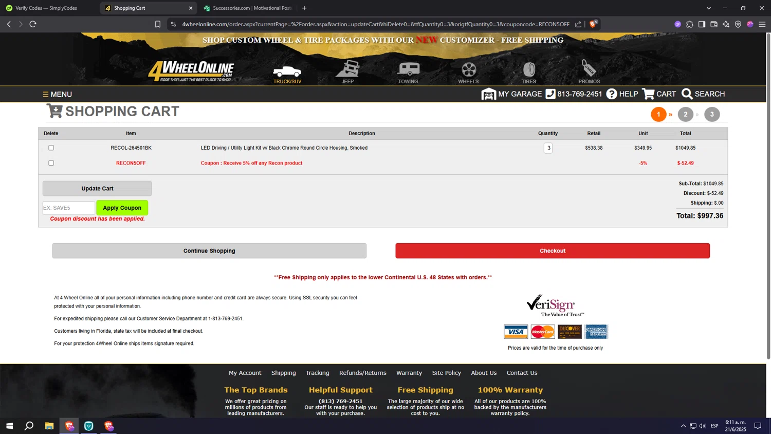 4 Wheel Online coupon code screenshot showing code RECON5OFF applied at 4 Wheel Online checkout page. Uploaded by SimplyCodes community member Machi005 on Jun 21, 2025