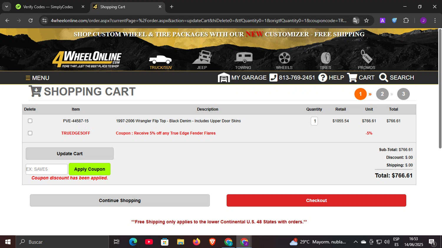 4 Wheel Online coupon code screenshot showing code TRUEDGE5OFF applied at 4 Wheel Online checkout page. Uploaded by SimplyCodes community member DiscountLegend6670 on Jun 14, 2025