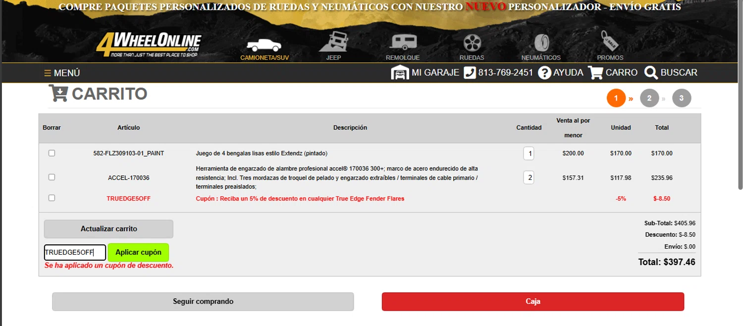4 Wheel Online coupon code screenshot showing code TRUEDGE5OFF applied at 4 Wheel Online checkout page. Uploaded by SimplyCodes community member EJL_MIQUILENA on Jun 7, 2025
