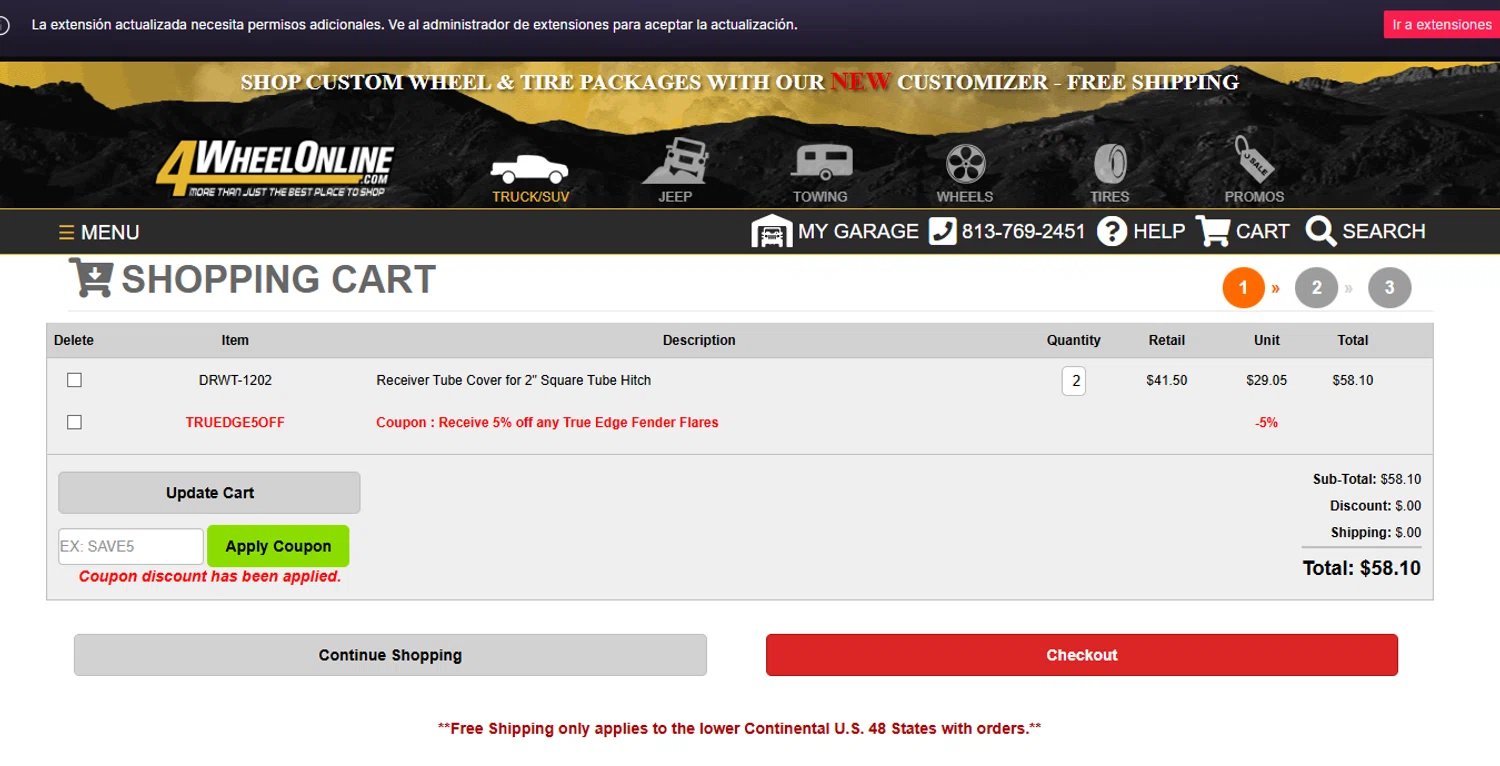 4 Wheel Online coupon code screenshot showing code TRUEDGE5OFF applied at 4 Wheel Online checkout page. Uploaded by SimplyCodes community member saindex on May 17, 2025