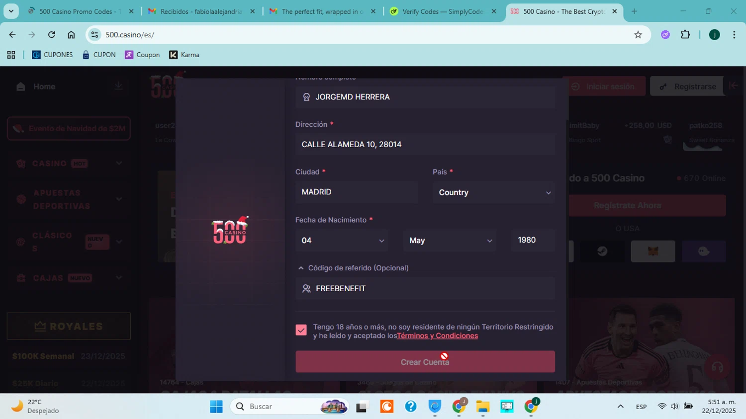 500 Casino promo code screenshot showing code FREEBENEFIT applied at 500 Casino checkout page. Uploaded by SimplyCodes community member jorgejavierherrera on Dec 22, 2025