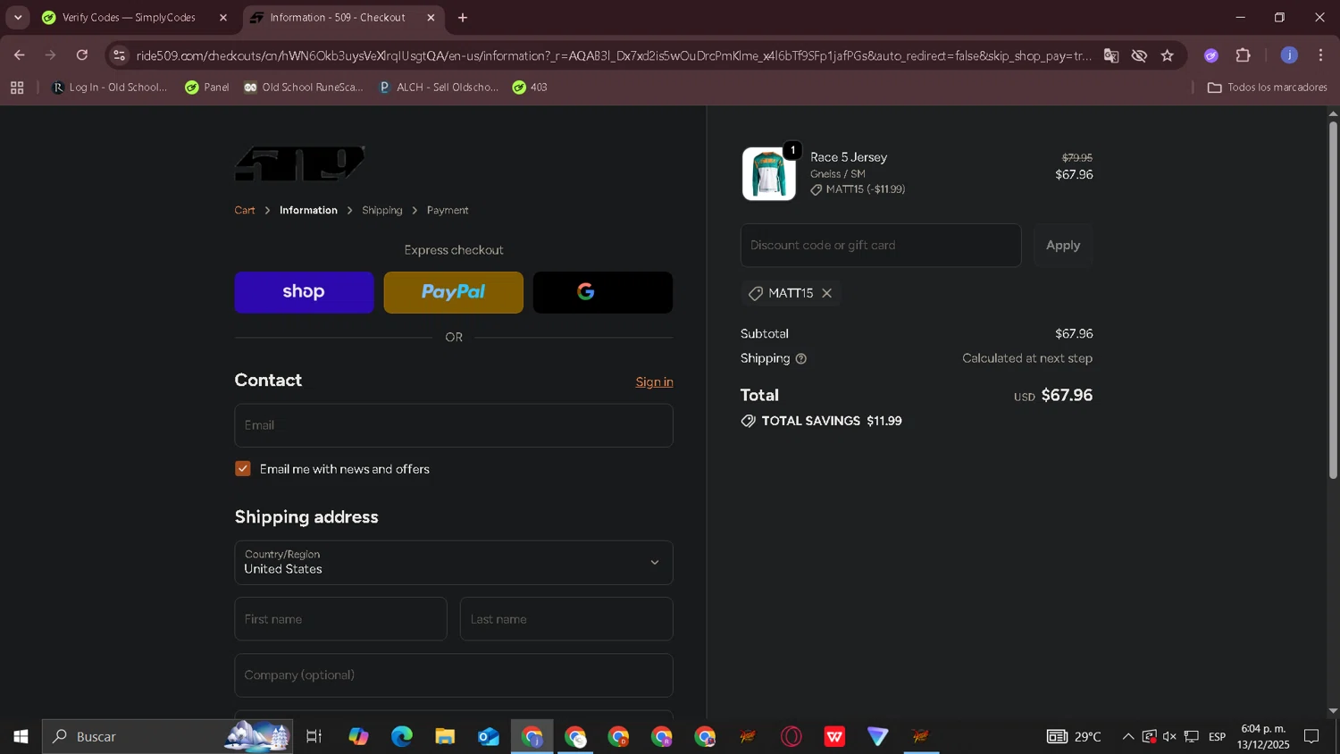 509 discount code screenshot showing code MATT15 applied at 509 checkout page. Uploaded by SimplyCodes community member CouponOwl5049 on Dec 13, 2025
