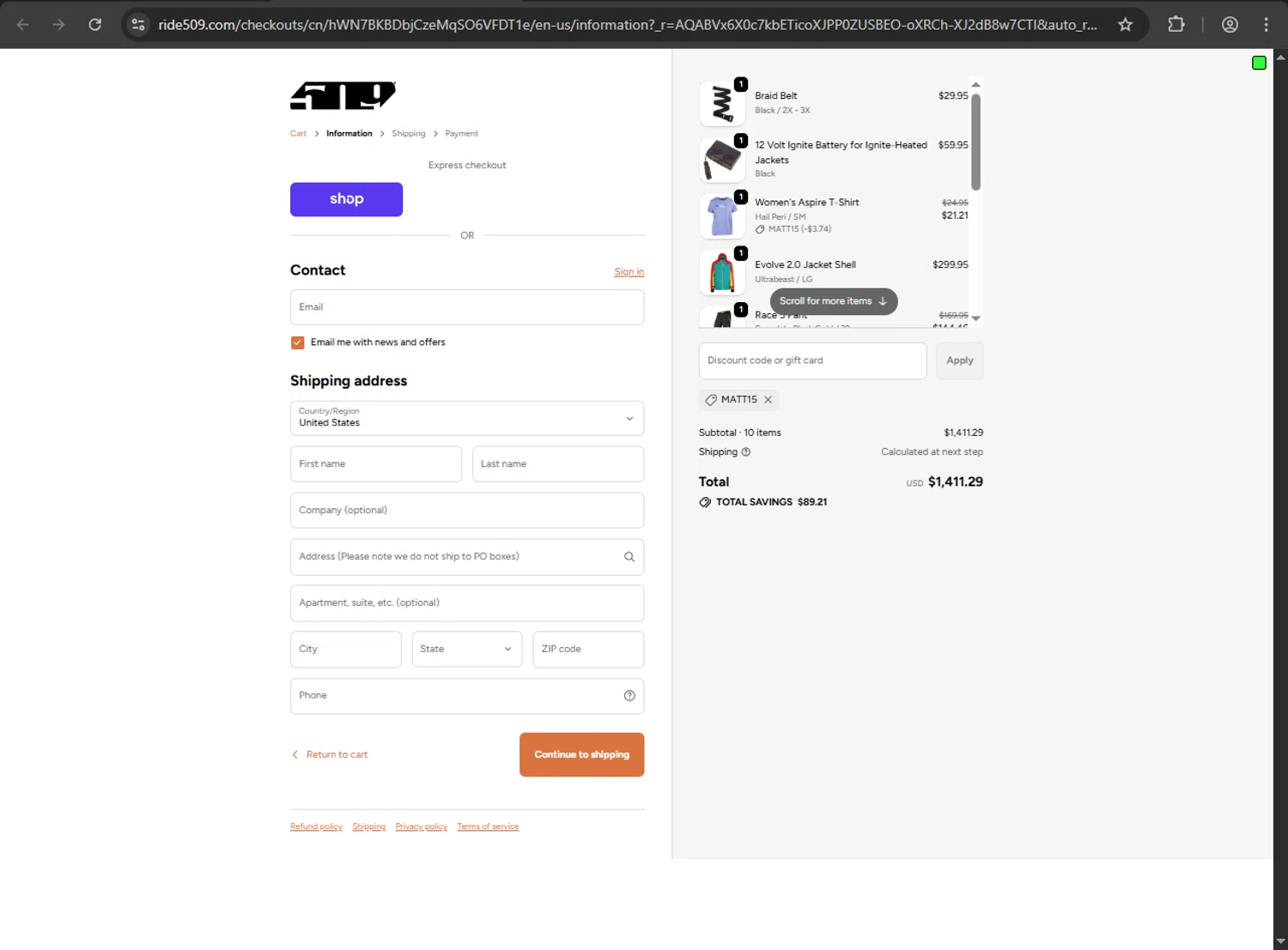 509 discount code screenshot showing code MATT15 applied at 509 checkout page. Uploaded by SimplyCodes community member megagei on Jan 3, 2026