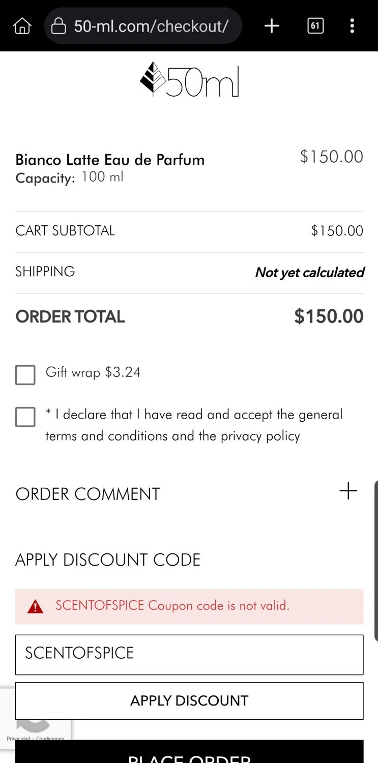 50ml discount code screenshot showing code SCENTOFSPICE applied at 50ml checkout page. Uploaded by SimplyCodes community member Carloslvz on Aug 13, 2025