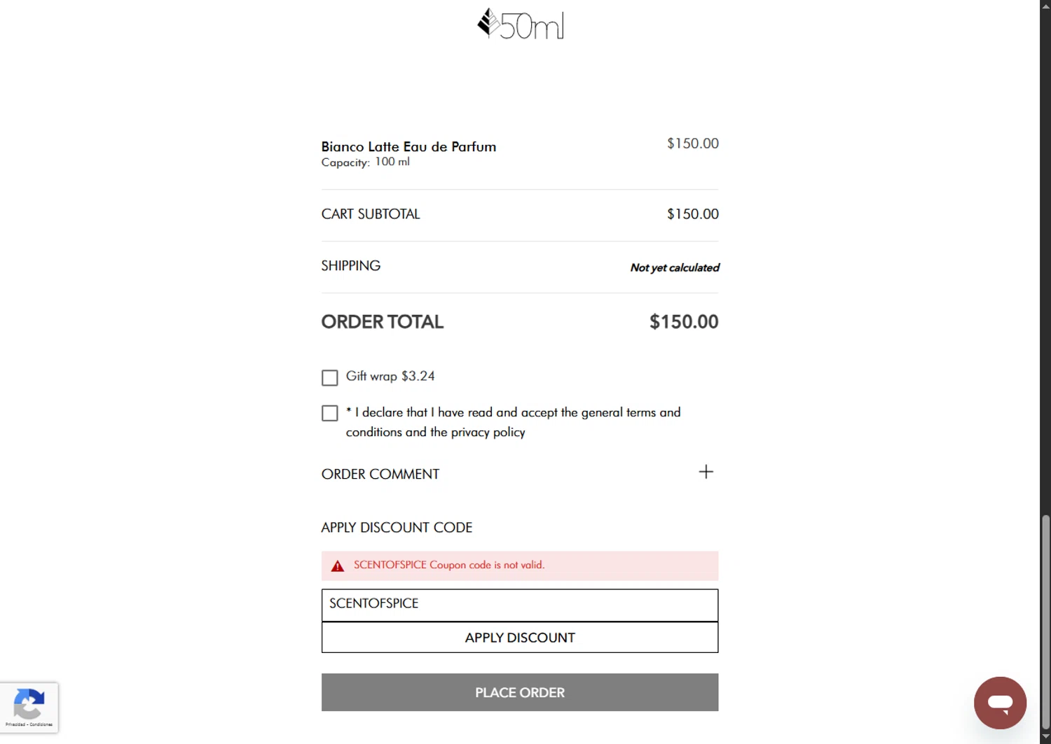 50ml discount code screenshot showing code SCENTOFSPICE applied at 50ml checkout page. Uploaded by SimplyCodes community member GoldPhoenix3793 on Jul 17, 2025